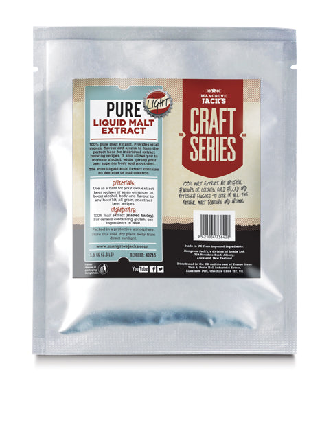 1.5 kg Mangrove Jack's Pure Liquid Malt Extract - Light in a pouch, ideal for brewing with rich flavors, aromas, and enhanced alcohol.