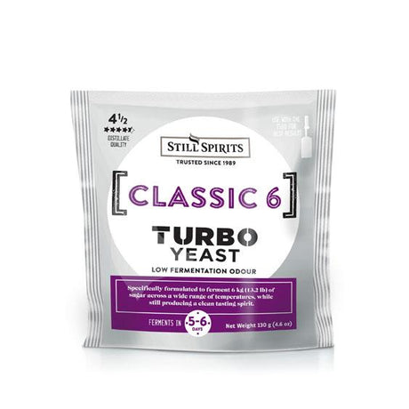 High-performance 130g turbo yeast for fermenting 6 kg of sugar, ideal for homemade spirits and wine with low odour.