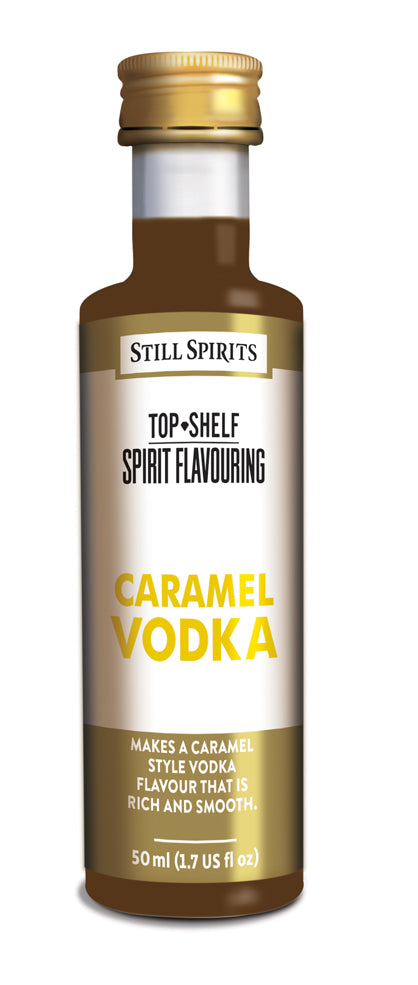 Bottle of Still Spirits Top Shelf Caramel Vodka, showcasing its rich caramel flavor for cocktails and desserts.