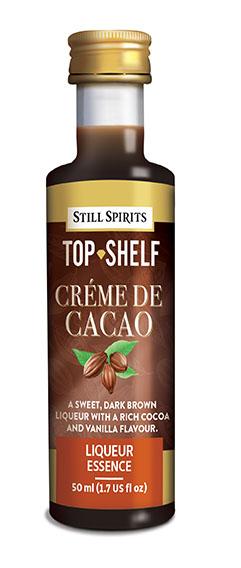 Rich dark brown liqueur bottle of Still Spirits Top Shelf Creme de Cacao, perfect for enhancing cocktails and desserts.