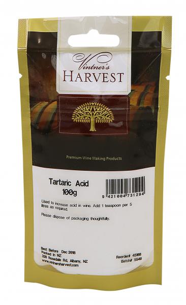 Vintner's Harvest Tartaric Acid 100g for balanced acidity in homemade wines, enhancing flavor and quality for all winemakers.