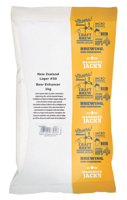 Mangrove Jack's Beer Enhancer for New Zealand Lager, 1kg pack for rich malt, hop, and sugar balance for home brewing.