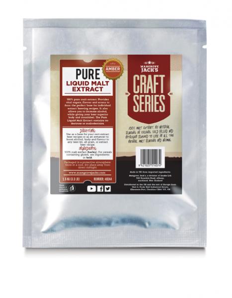 1.5 kg Mangrove Jack's Amber Malt Extract in a cold-filled pouch, ideal for enhancing homebrewed beers with rich flavors and aromas.