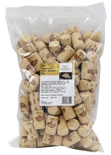 Vintner's Harvest VHA Agglomerate Corks 38x24mm in a bag of 100, ideal for securing and preserving wine freshness.