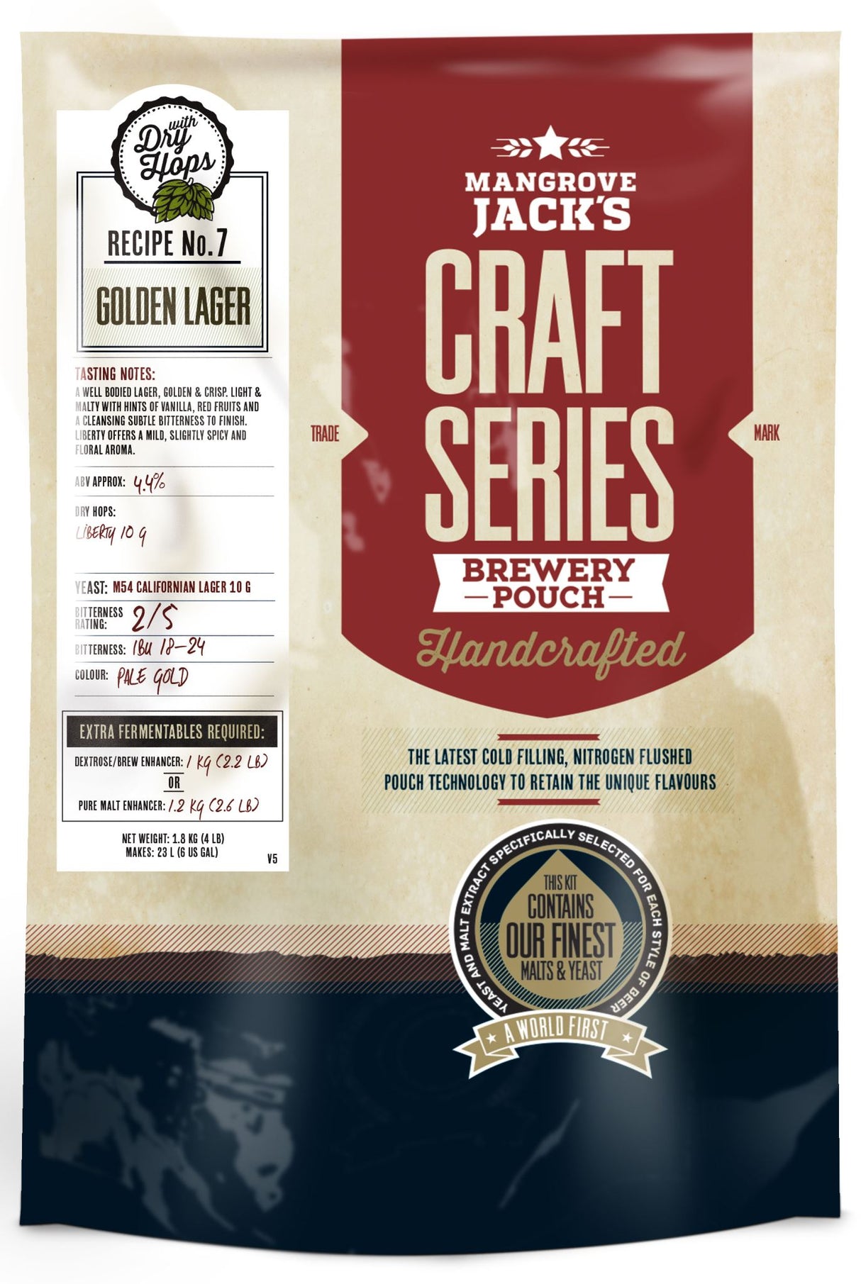 Craft beer kit featuring Mangrove Jack's Golden Lager with an ABV of 4.4%, dry hops, and a golden, crisp finish.