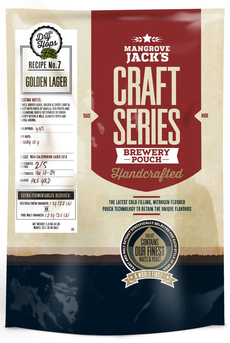 Craft beer kit featuring Mangrove Jack's Golden Lager with an ABV of 4.4%, dry hops, and a golden, crisp finish.