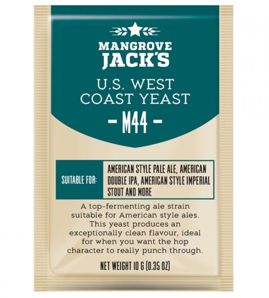 Mangrove Jack's CS Yeast M44 (10g) for clean fermentation, enhancing hop character in American-style ales.