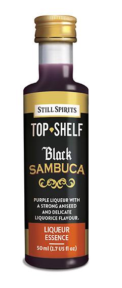 Bottle of Still Spirits Top Shelf Black Sambuca, a rich purple liqueur with aniseed and liquorice flavors, perfect for cocktails.