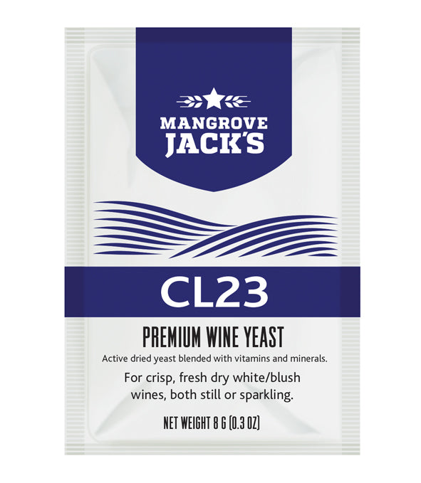 Mangrove Jack's Yeast CL23 8g packet designed for crafting crisp, dry wines with high alcohol tolerance and low fusel oils.