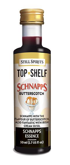 Image of Still Spirits Top Shelf Butterscotch Schnapps bottle showcasing its rich, buttery flavor ideal for cocktails and desserts.