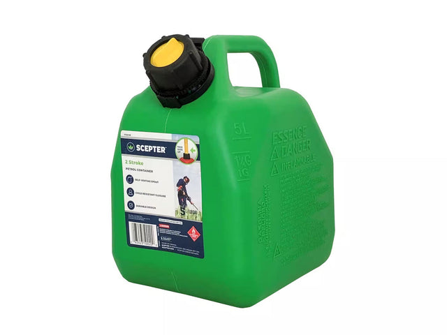 Durable 5L green 2-stroke petrol can with pourer, rustproof design, ideal for safe fuel storage in various applications.