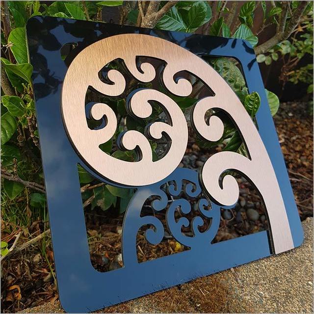 Stylish 2 Tone Rectangle Frond Art Panels in brushed copper and black, perfect for indoor and outdoor decor.
