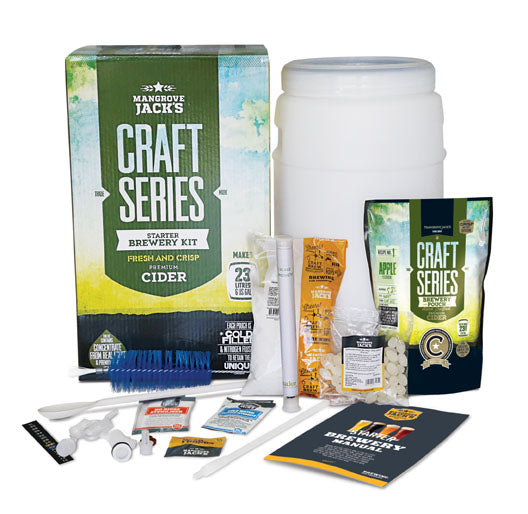 Apple Cider Starter Home Brewing Kit with 30L fermentation barrel, ingredients, and tools for crafting delicious homemade cider.