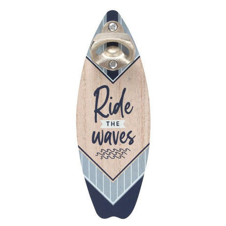 Surfboard-shaped bottle opener plaque with 'Ride the waves' slogan, perfect for beach lovers and home decor.