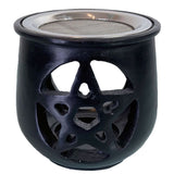 Handcrafted black soapstone resin burner featuring an intricate pentacle design, ideal for incense and enhancing tranquility.