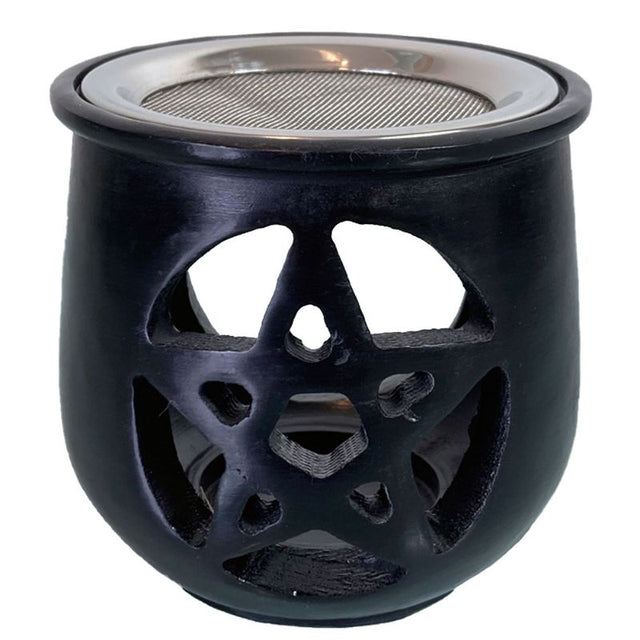 Handcrafted black soapstone resin burner featuring an intricate pentacle design, ideal for incense and enhancing tranquility.