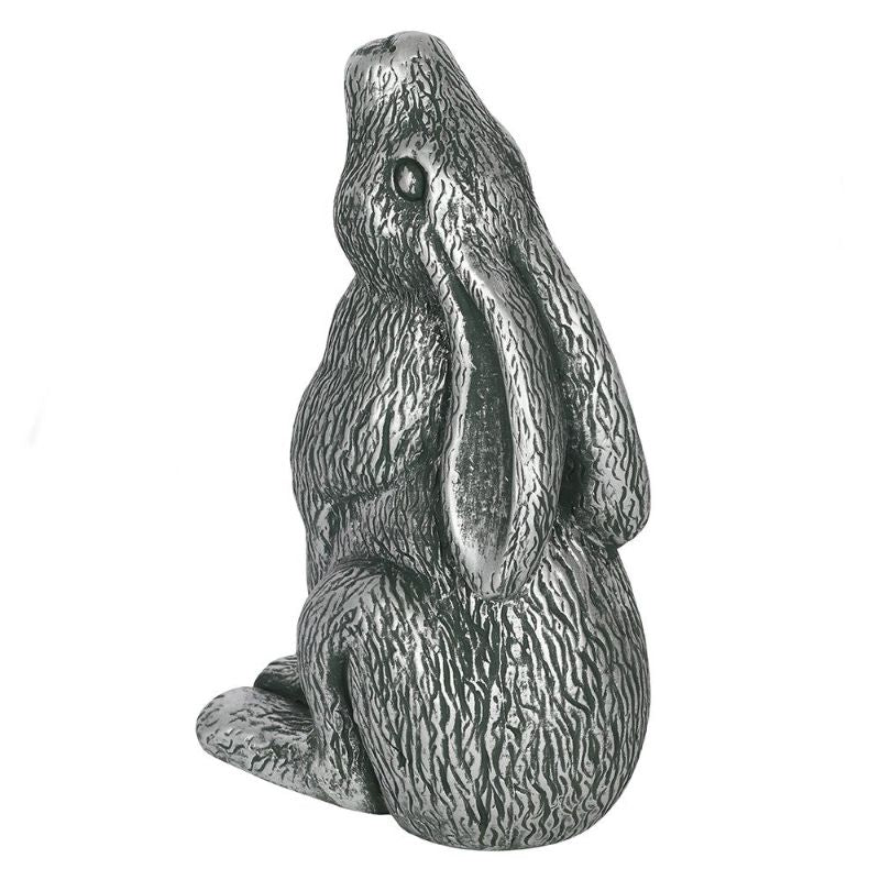 Silver terracotta moon-gazing hare garden ornament with intricate details, ideal for enhancing outdoor charm and ambiance.