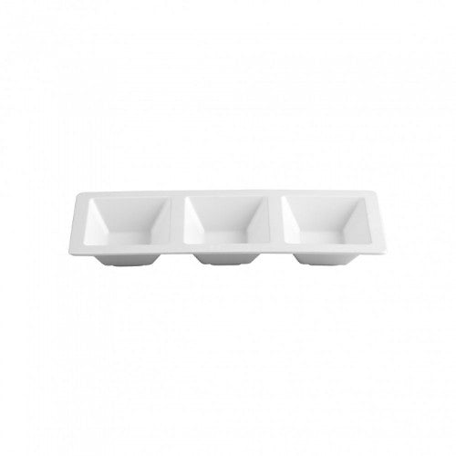 Set of 6 Superware rectangular serving platters with three compartments, perfect for stylishly serving appetizers and desserts.