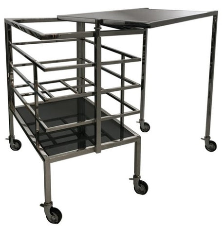 Sleek black glass cocktail trolley with stainless steel frame, smooth wheels, and rotating shelf for stylish drink service.