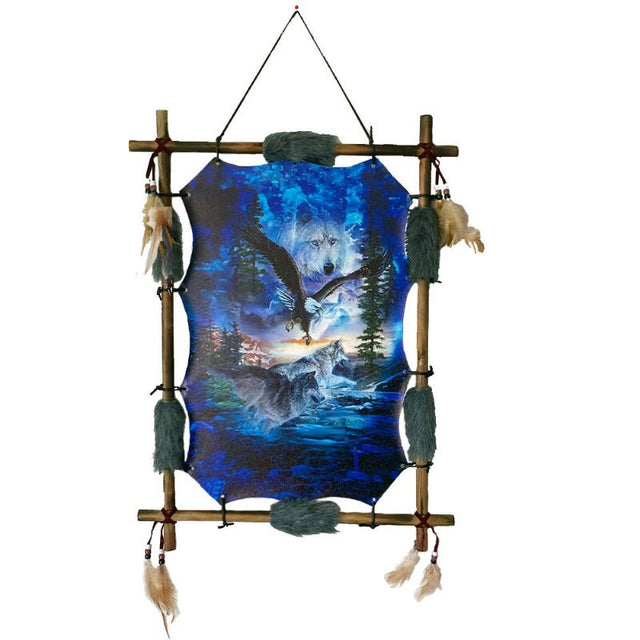 Dreamcatcher featuring an eagle and wolves, framed in bamboo with faux fur edges and feathers, perfect for home decor.