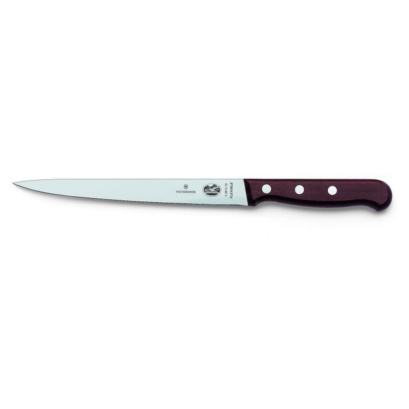 Victorinox 18cm filleting knife with flexible blade and rosewood handle, ideal for precise fish filleting and elegant kitchen use.