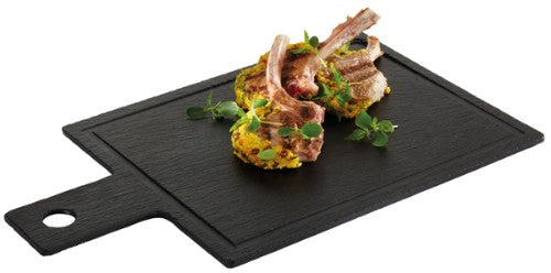 Natural slate tray set of 2, each 26x20 cm, featuring juice grooves, waterproof design, and non-slip feet for elegant serving.