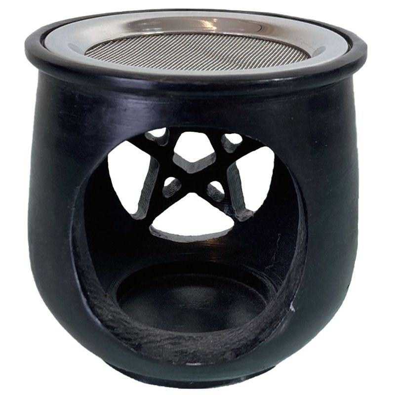 Handmade soapstone resin burner with intricate pentacle design for incense, 7.5 cm, ideal for meditation and home decor.