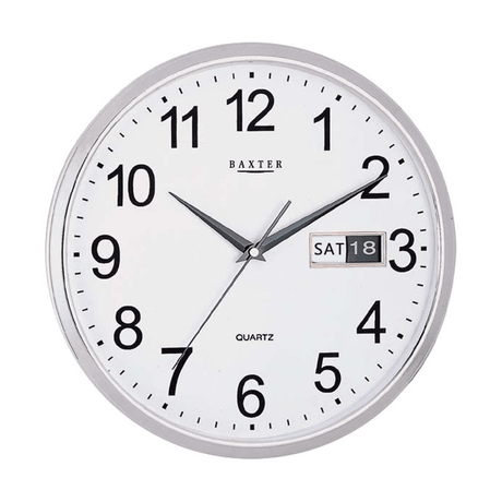 Elegant 32cm silver wall clock featuring day and date display, perfect for enhancing any home or office decor.