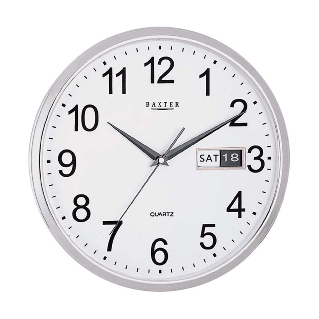 Elegant 32cm silver wall clock featuring day and date display, perfect for enhancing any home or office decor.