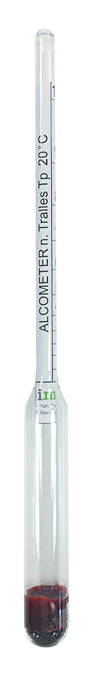 Alcometer for measuring alcohol concentration, 0-100% proof scale, with user-friendly instructions for accurate readings.