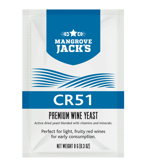 Mangrove Jack's CR51 wine yeast packet, designed for brewing light, fruity red wines with smooth texture and rich berry flavors.