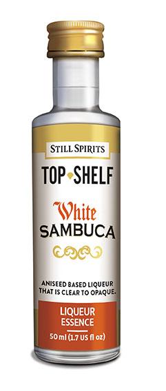 Clear to opaque Still Spirits Top Shelf White Sambuca bottle showcasing its elegant aniseed-based liqueur for cocktails and desserts.