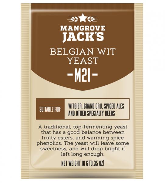 Mangrove Jack's M21 yeast for brewing Belgian Wit, showcasing fruity esters and spice phenolics for authentic beer flavors.