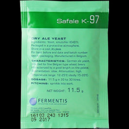 Safale K-97 Yeast (11.5g) pack features premium German ale yeast for rich, flavorful brews with low esters and firm head formation.