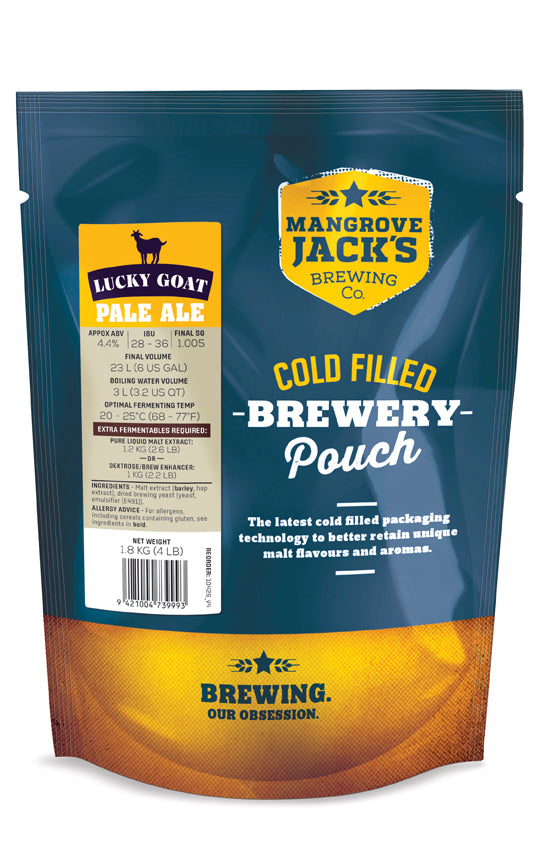 Mangrove Jack's Pale Ale Pouch for homebrewing, offers 23 liters of crisp, refreshing pale ale with vibrant hop aromas.