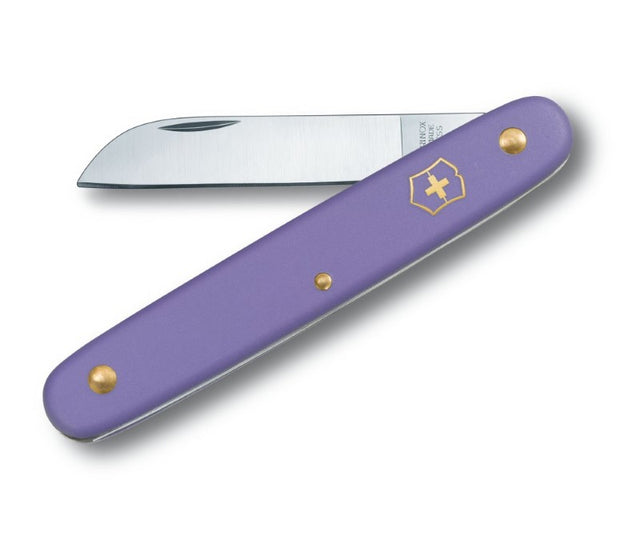 Victorinox Floral Violet Pocket Knife with a 55 mm stainless steel blade and vibrant purple nylon handle for effortless flower cutting.