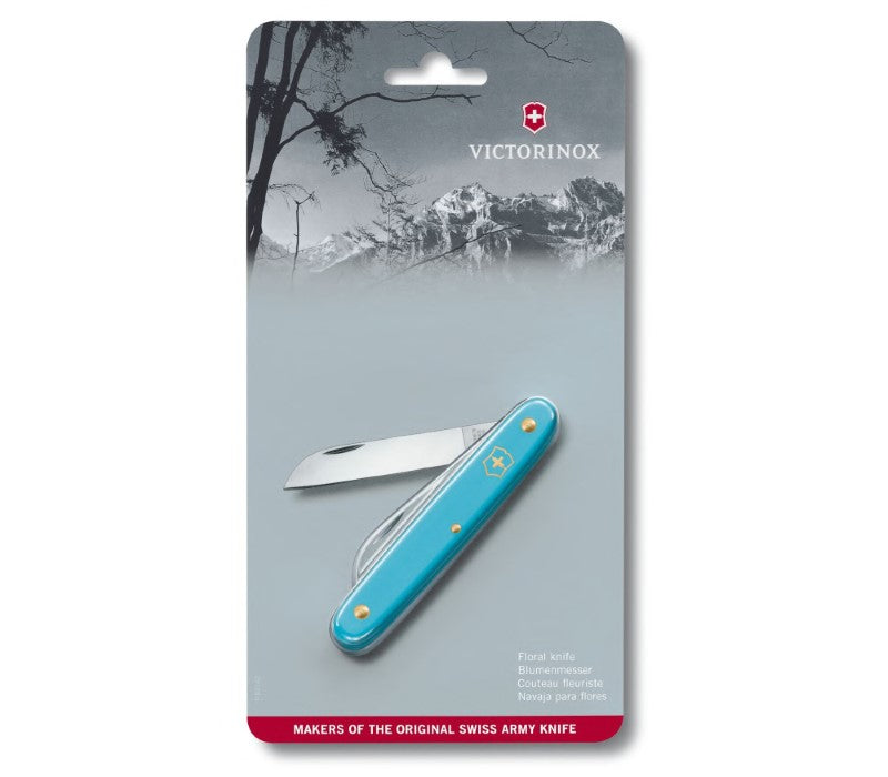 Victorinox Floral Blue Pocket Knife with 55 mm stainless steel blade and ergonomic handle for precise flower cutting.