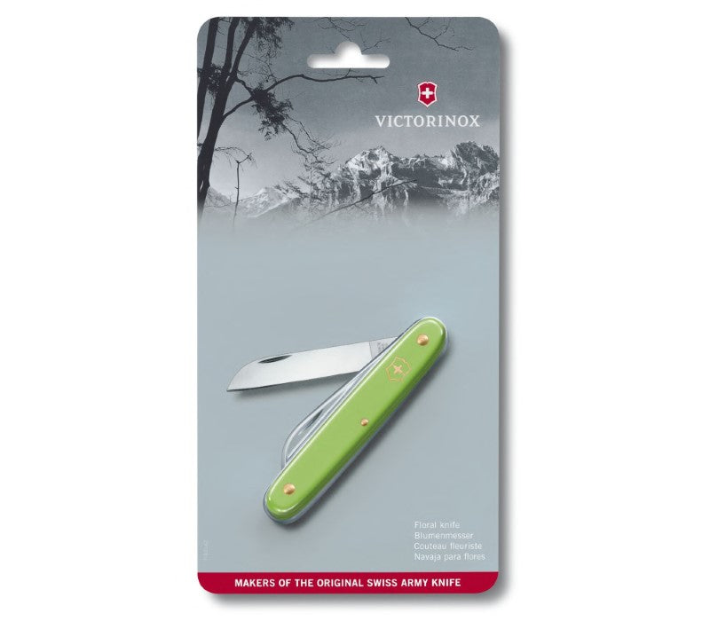 Victorinox Floral Green Pocket Knife with 55 mm stainless steel blade and comfortable nylon handle, ideal for flower cutting.