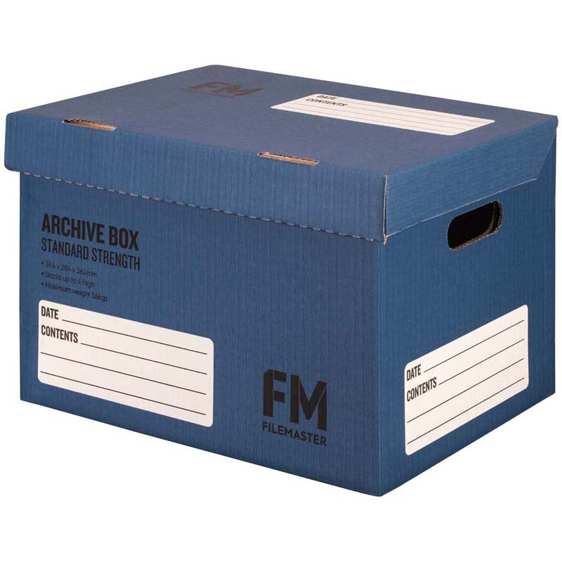 Blue FM Box Archive, 384x284x262mm, designed for document storage, max load 16kg, ideal for home or office organization.