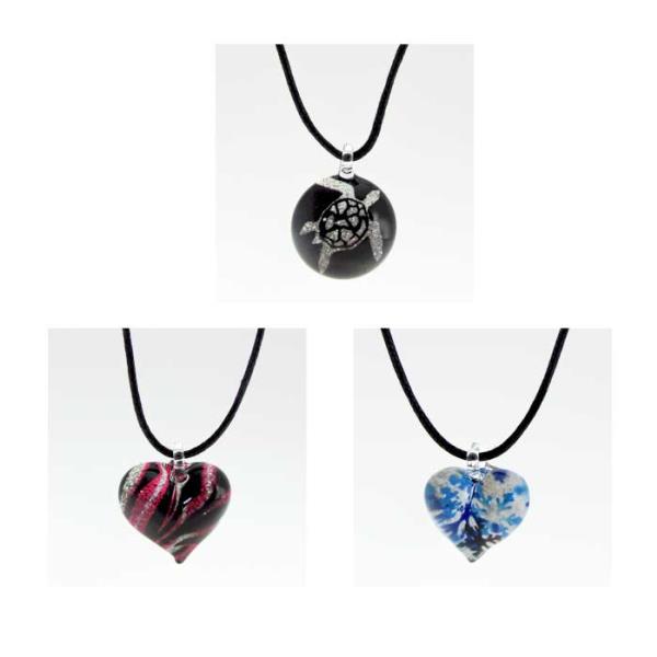 Heart-shaped art glass pendants on adjustable cord, showcasing Thai craftsmanship and vibrant colors in a unique jewelry set.