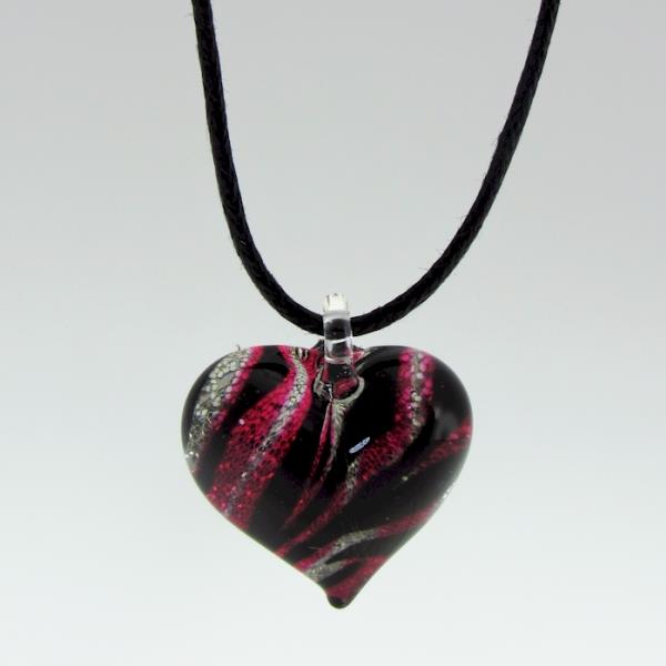 Handcrafted 2 cm red heart art glass pendant on adjustable cord necklace, symbolizing love and elegance.