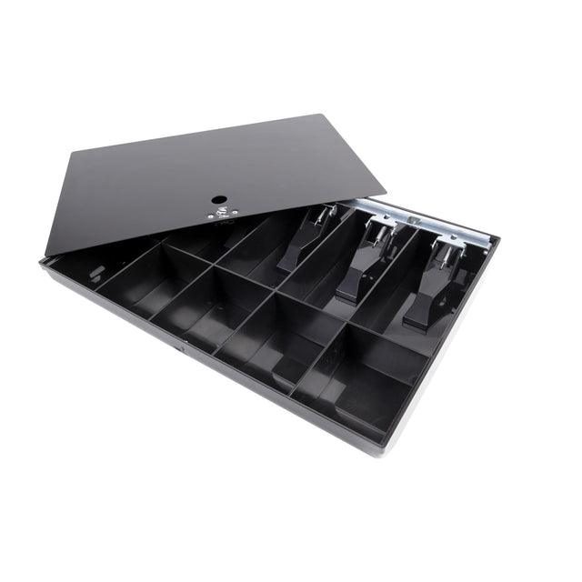 Esselte Cash Tray in black with 10 compartments for organized cash handling, featuring a durable lock and spring-loaded note holders.