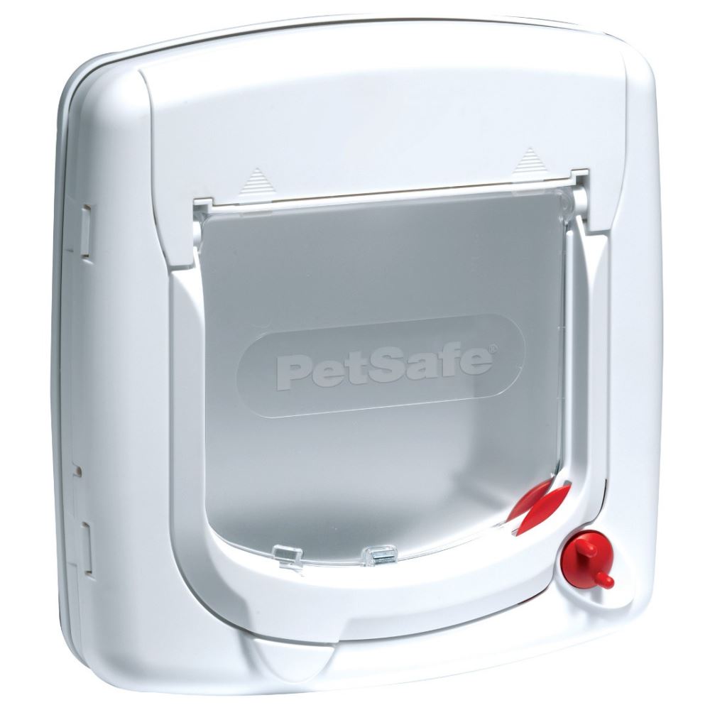 Staywell Magnetic 4 Way Locking Cat Door in white with clear flap, allowing secure pet access up to 7kg.