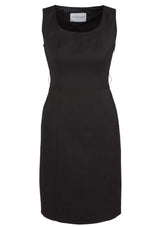 Ladies black sleeveless dress from Biz Collection, size 8, featuring deep pockets, rear split, and concealed zip for a stylish fit.