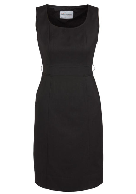 Elegant black sleeveless dress for ladies, size 16, featuring pockets, concealed zip, and bamboo blend fabric from Biz Collection.