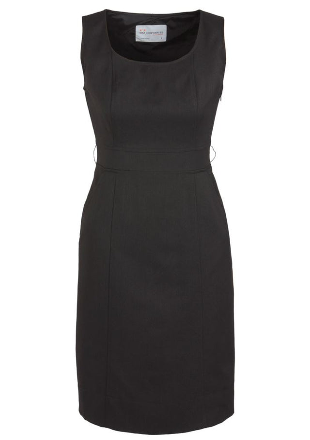 Ladies sleeveless charcoal dress with pockets, concealed zip, and stylish rear split for comfort and elegance. Size 22.