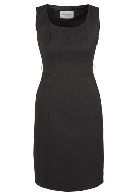 Stylish charcoal sleeveless dress with deep pockets, concealed zip, and a split for ease of movement, perfect for any occasion.