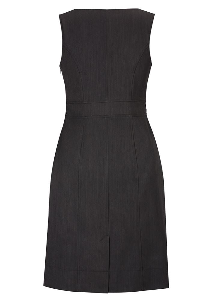 Ladies sleeveless charcoal dress with deep pockets, concealed zip, and stylish rear split, perfect for versatile wear.