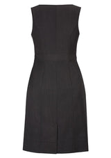 Ladies sleeveless charcoal dress with deep pockets, concealed zip, and stylish rear split, perfect for versatile wear.