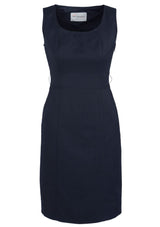 Stylish navy sleeveless dress with deep pockets, concealed zip, and versatile design for various occasions.
